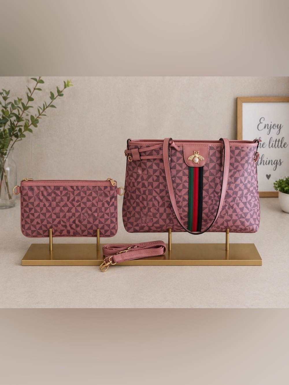2 piece Pink Patterned Tote Bag with Bee Accent - Women Bags- NWT